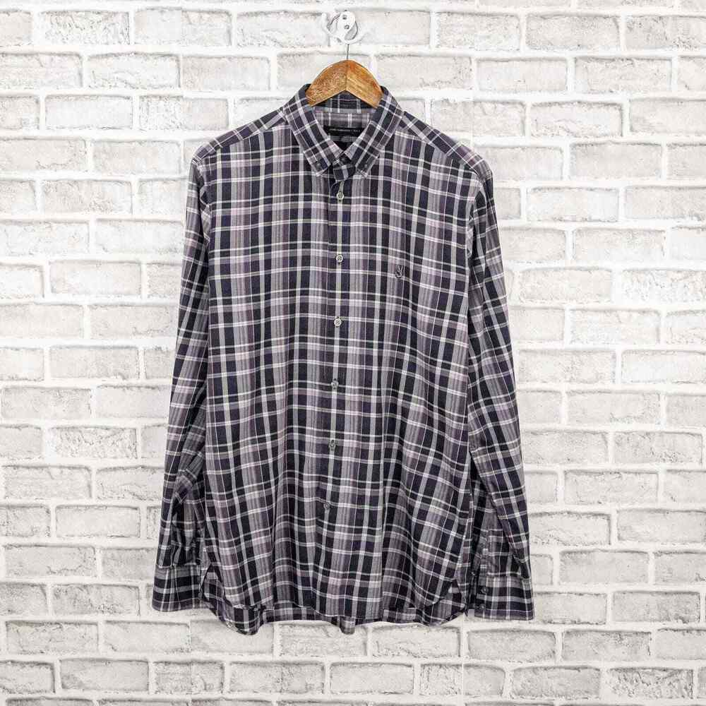 John Varvatos Men's Peace Logo Button down Shirt in Purple Gray Plaid Cotton M